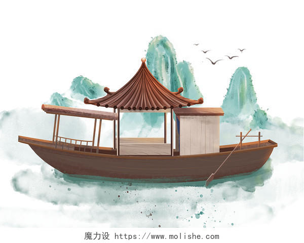 中国古风船只舟行碧波上木船青山绿水诗情画意客船元素插画